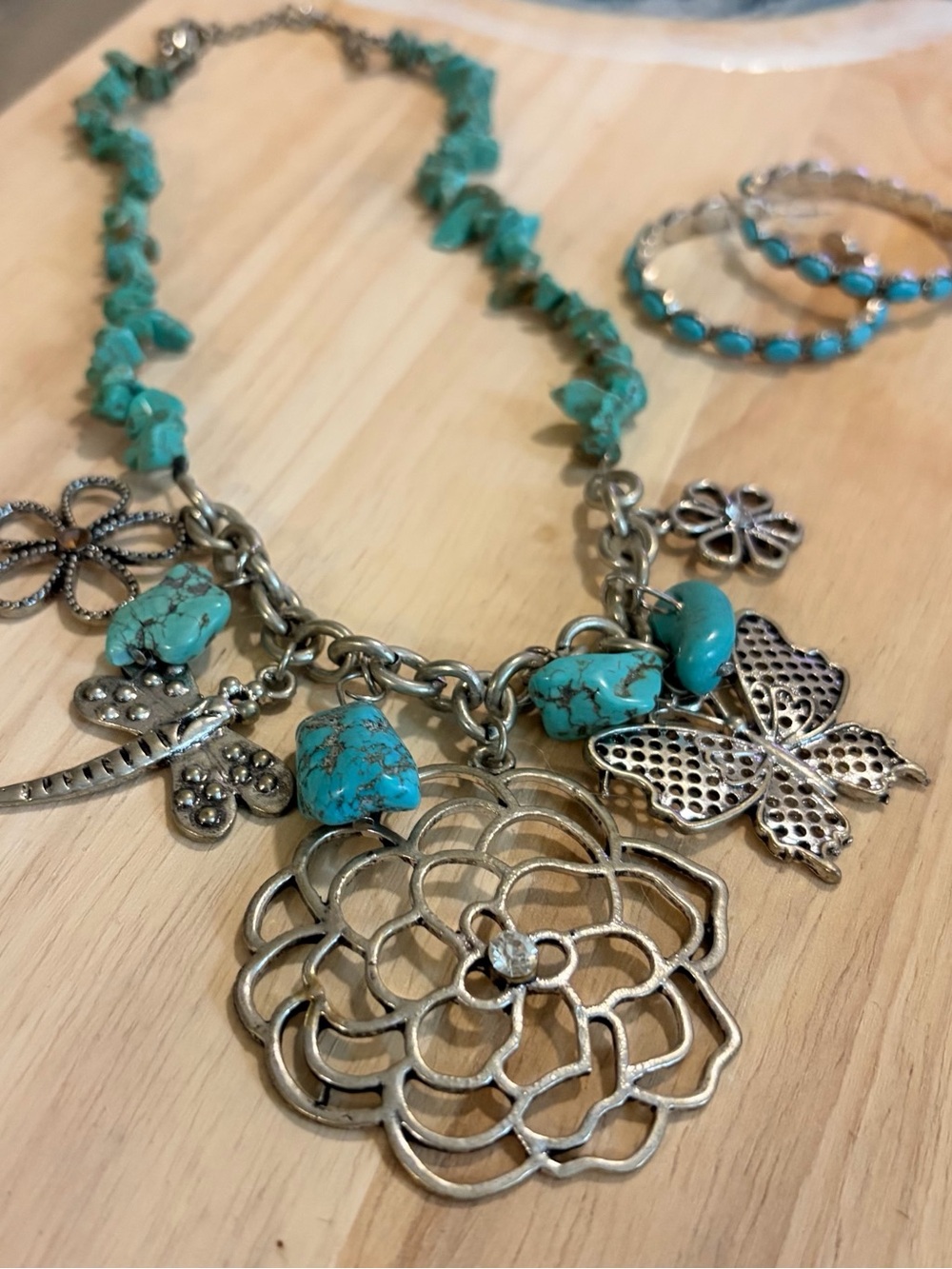 Turquoise Stone Floral Charm Necklace and Earrings Set